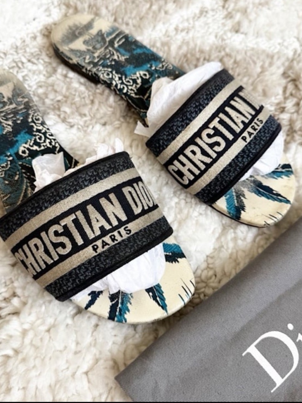 Christian Dior D-Way floral blue cream logo slides sandals 40 US 10